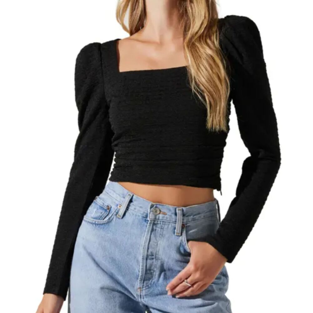 ASTR The Label Long Sleeve Square Neck Textured Black Top Size XL